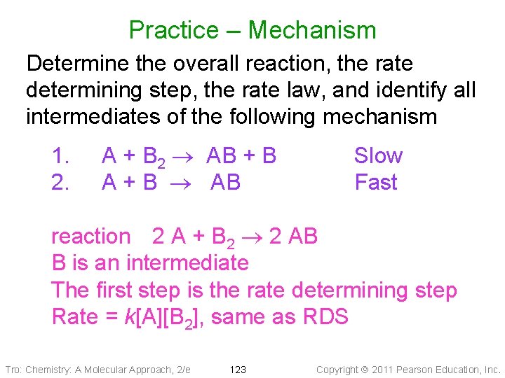 Practice – Mechanism Determine the overall reaction, the rate determining step, the rate law,