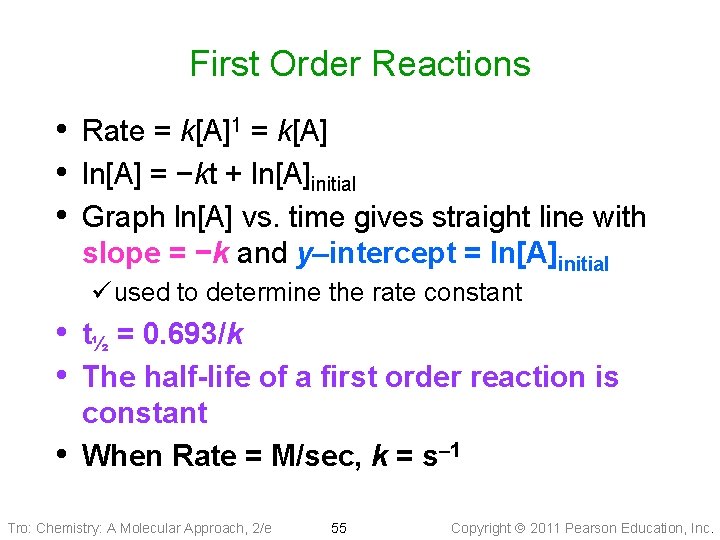 First Order Reactions • Rate = k[A]1 = k[A] • ln[A] = −kt +