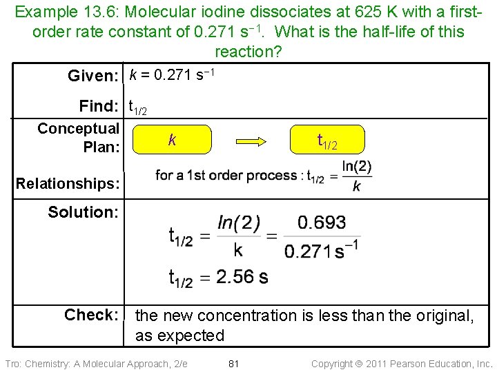 Example 13. 6: Molecular iodine dissociates at 625 K with a firstorder rate constant