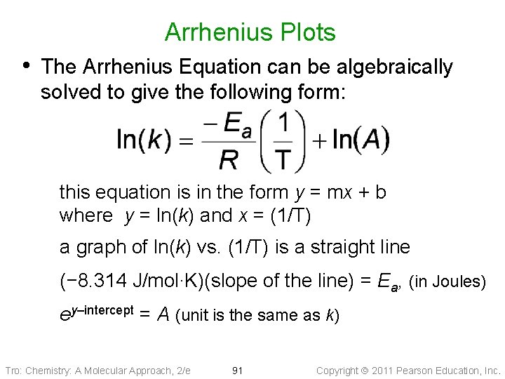 Arrhenius Plots • The Arrhenius Equation can be algebraically solved to give the following