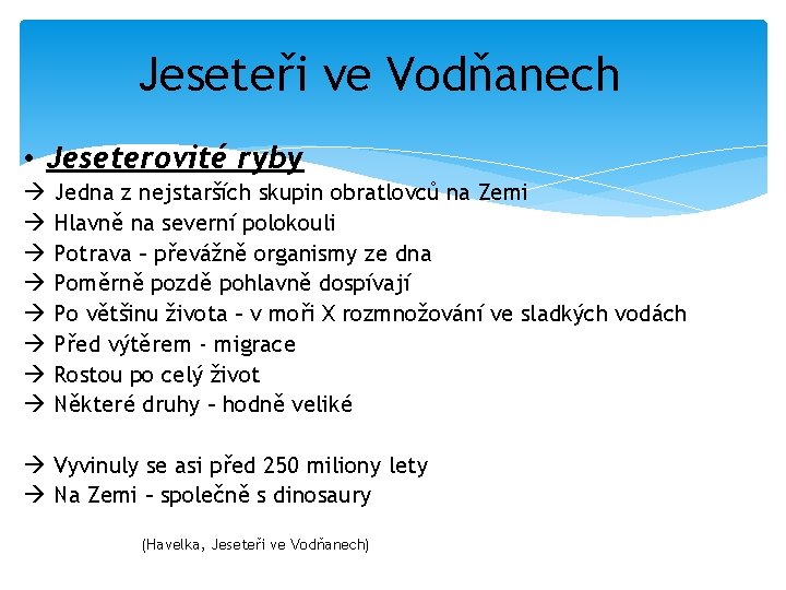 Jeseteři ve Vodňanech • Jeseterovité ryby Jedna z nejstarších skupin obratlovců na Zemi Hlavně