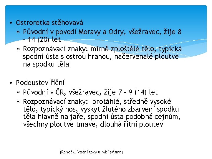  • Ostroretka stěhovavá Původní v povodí Moravy a Odry, všežravec, žije 8 –