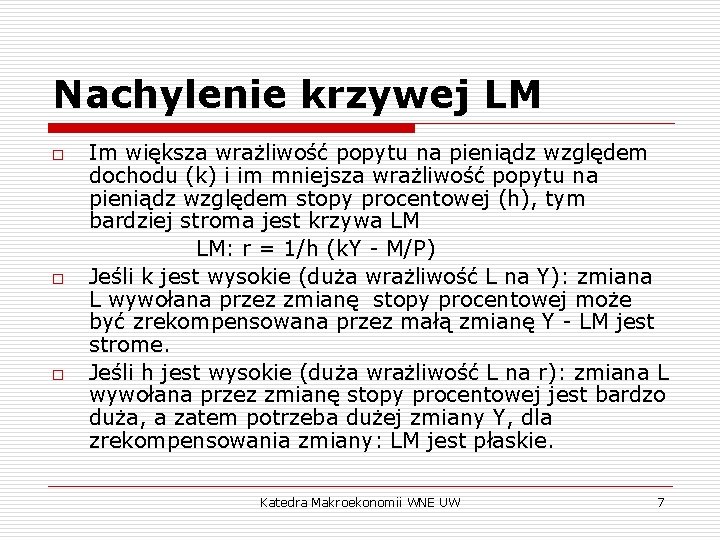 Nachylenie krzywej LM o o o Im większa wrażliwość popytu na pieniądz względem dochodu