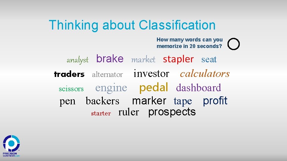 Thinking about Classification How many words can you memorize in 20 seconds? analyst brake