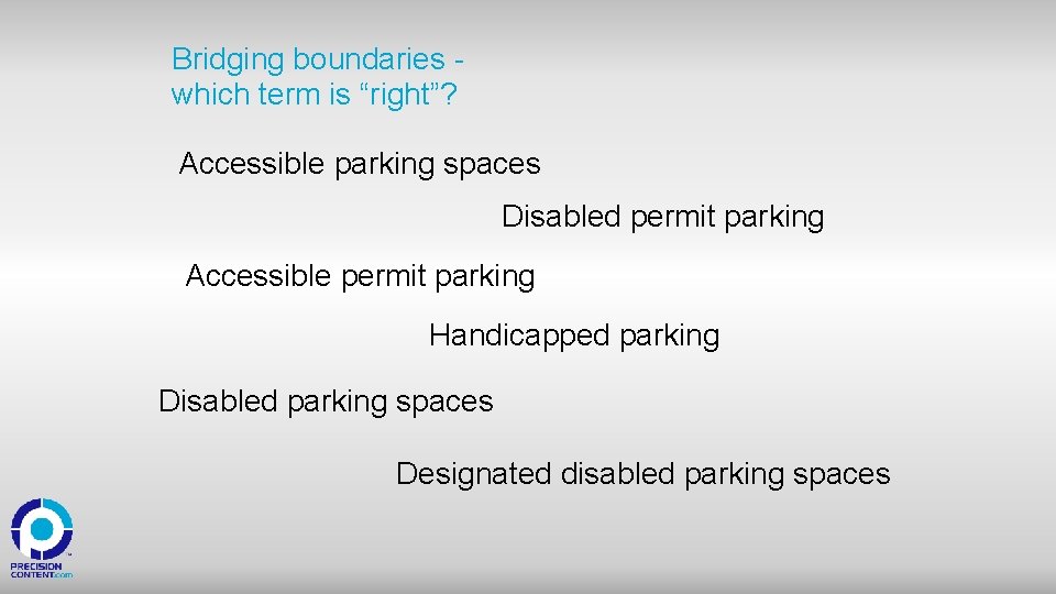 Bridging boundaries which term is “right”? Accessible parking spaces Disabled permit parking Accessible permit