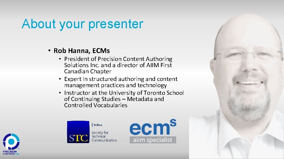 About your presenter • Rob Hanna, ECMs • President of Precision Content Authoring Solutions