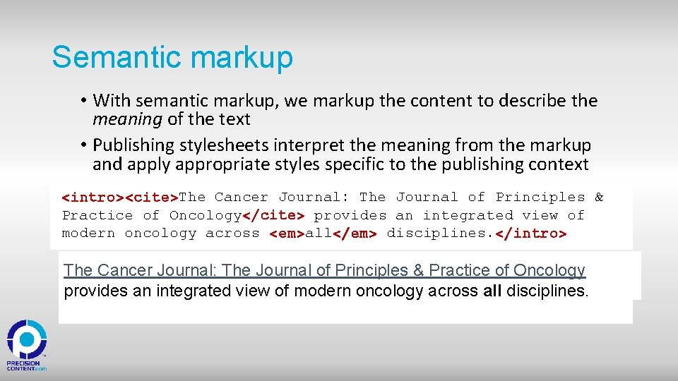 Semantic markup • With semantic markup, we markup the content to describe the meaning