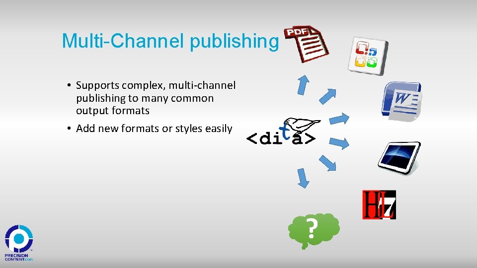 Multi-Channel publishing • Supports complex, multi-channel publishing to many common output formats • Add