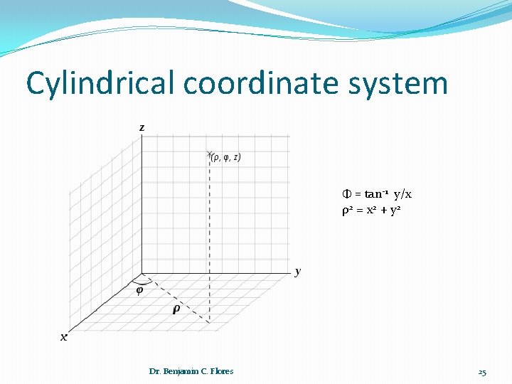 Cylindrical coordinate system Φ = tan-1 y/x ρ2 = x 2 + y 2