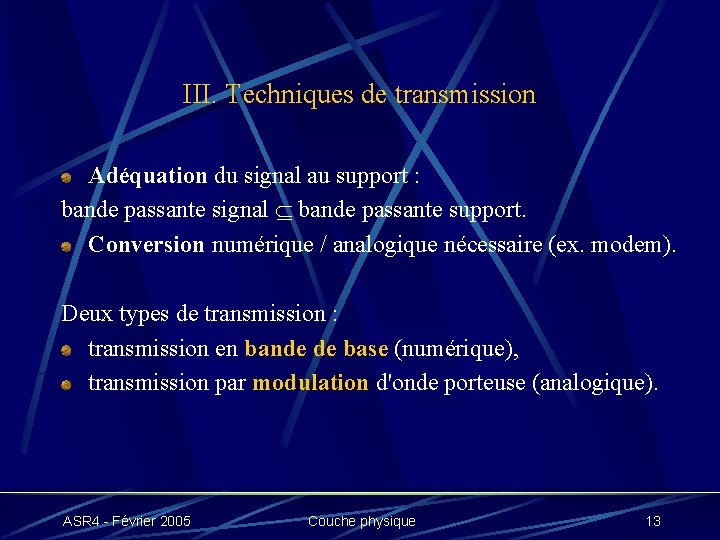 III. Techniques de transmission Adéquation du signal au support : bande passante signal bande