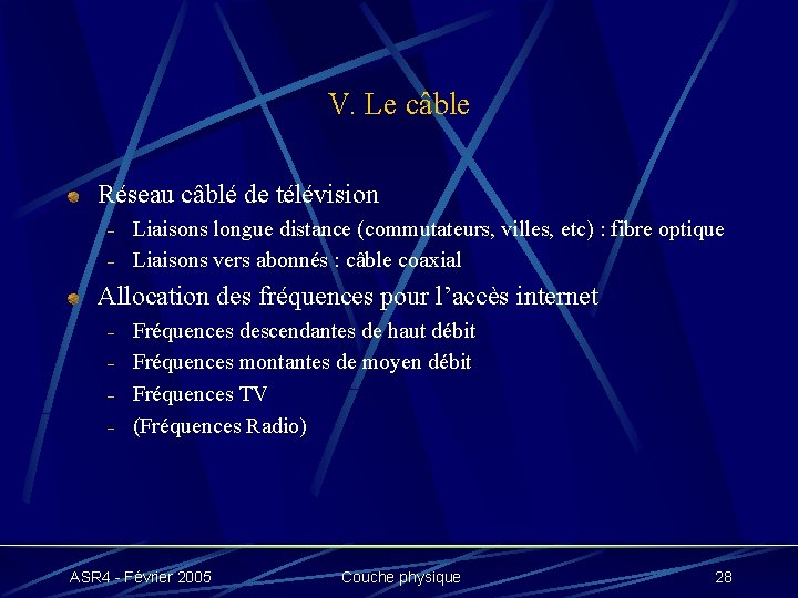 V. Le câble Réseau câblé de télévision - Liaisons longue distance (commutateurs, villes, etc)