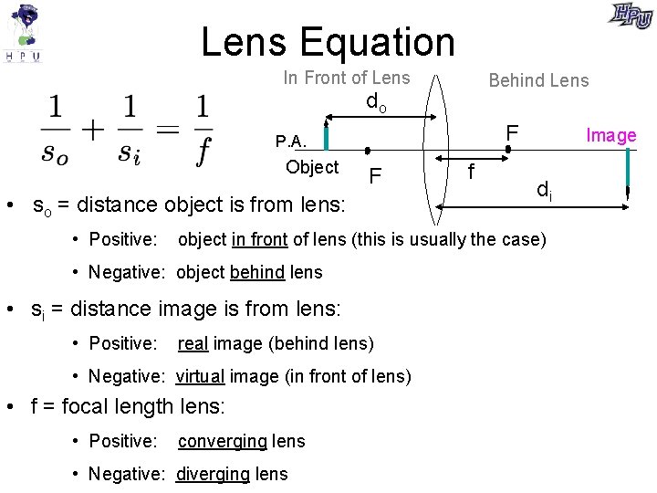 Lens Equation In Front of Lens Behind Lens do F P. A. Object F