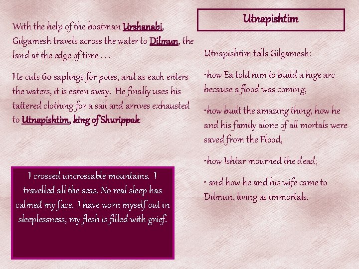 Utnapishtim With the help of the boatman Urshanabi, Gilgamesh travels across the water to Utnapishtim With the help of the boatman Urshanabi, Gilgamesh travels across the water to
