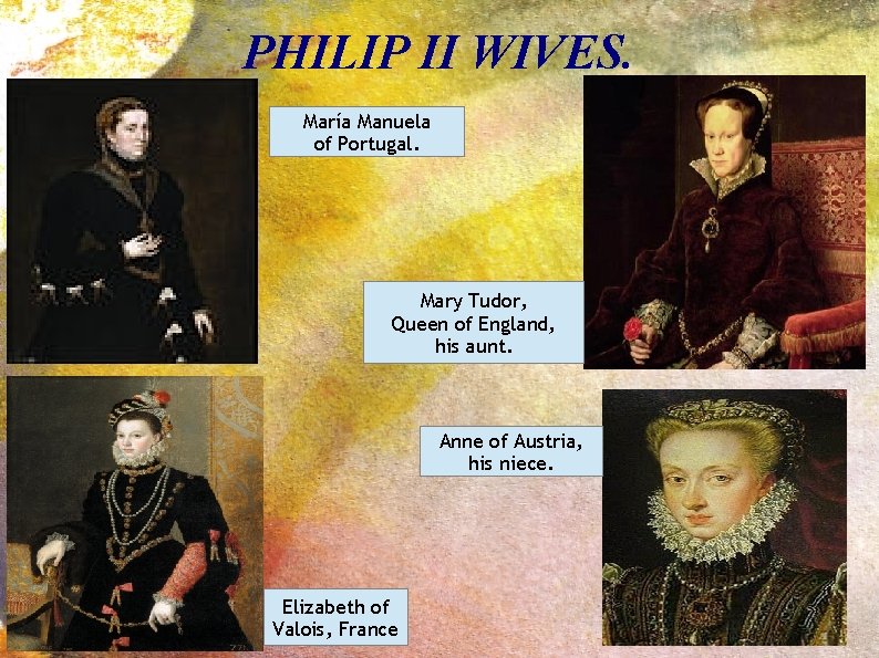 PHILIP II WIVES. María Manuela of Portugal. Mary Tudor, Queen of England, his aunt.