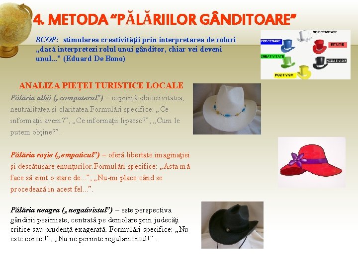 4. METODA “PĂLĂRIILOR G NDITOARE” SCOP: stimularea creativităţii prin interpretarea de roluri „dacă interpretezi