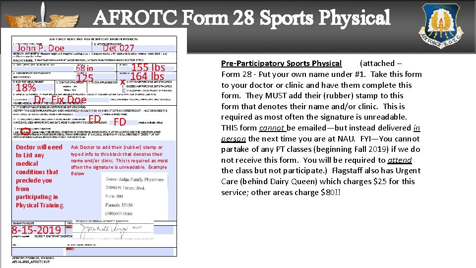 AFROTC Form 28 Sports Physical John P. Doe Det 027 68 in 125 18%