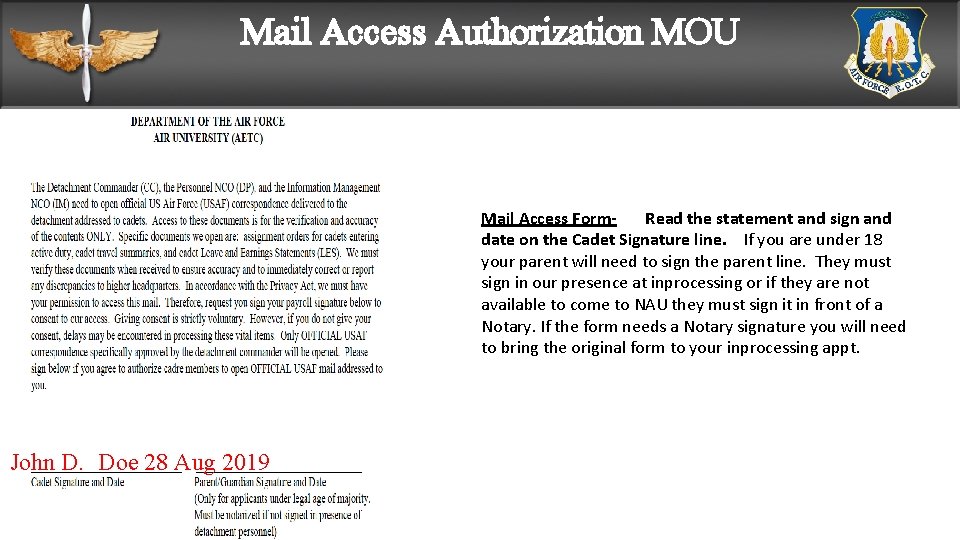 Mail Access Authorization MOU Mail Access Form- Read the statement and sign and date