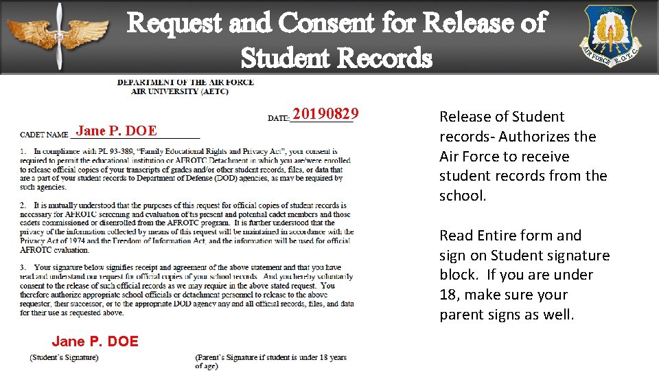 Request and Consent for Release of Student Records Jane P. DOE 20190829 Release of