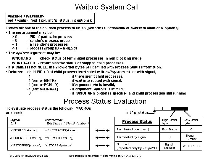 Waitpid System Call #include <sys/wait. h> pid_t waitpid (pid_t pid, int *p_status, int options);