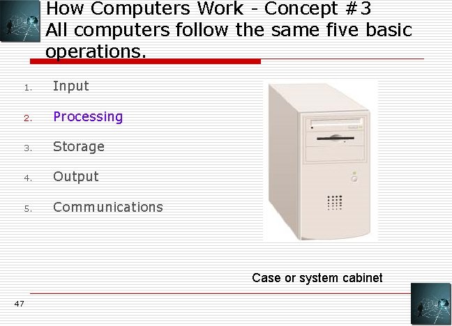 How Computers Work - Concept #3 All computers follow the same five basic operations.