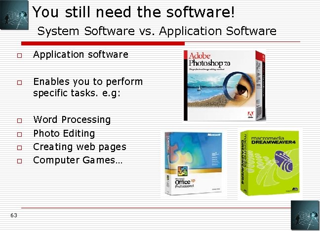 You still need the software! System Software vs. Application Software o o o 63