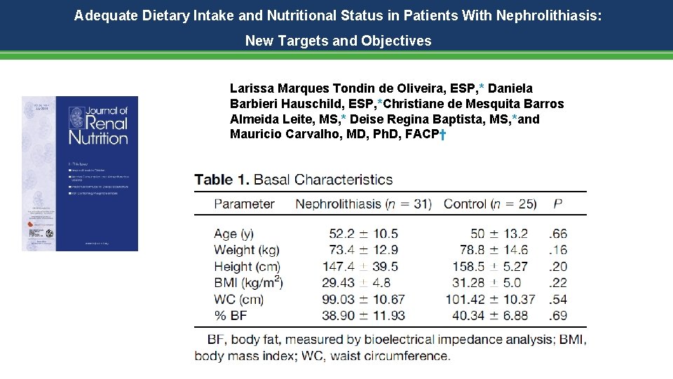 Adequate Dietary Intake and Nutritional Status in Patients With Nephrolithiasis: New Targets and Objectives