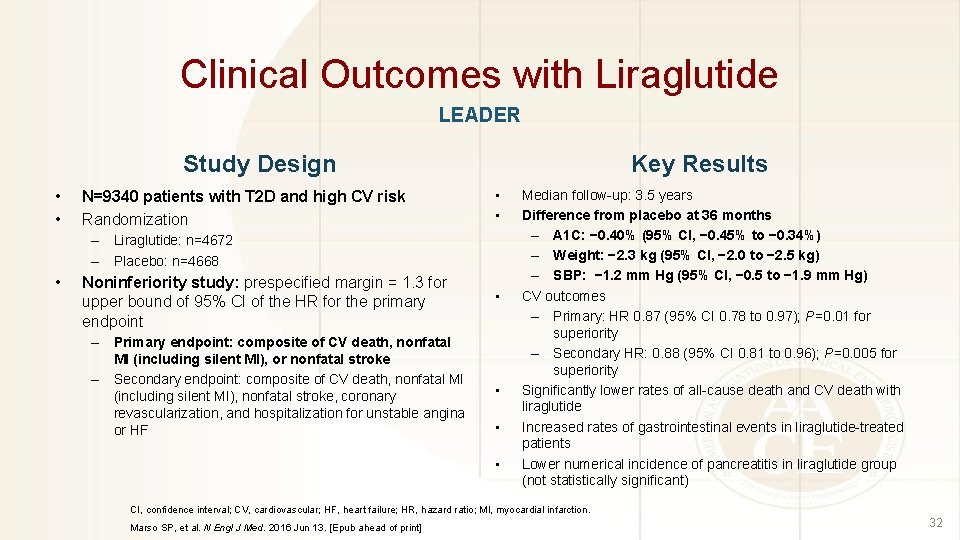 Clinical Outcomes with Liraglutide LEADER Study Design • • N=9340 patients with T 2