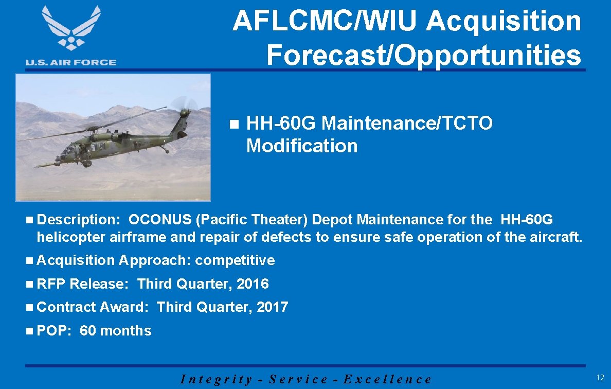 AFLCMC/WIU Acquisition Forecast/Opportunities n HH-60 G Maintenance/TCTO Modification n Description: OCONUS (Pacific Theater) Depot AFLCMC/WIU Acquisition Forecast/Opportunities n HH-60 G Maintenance/TCTO Modification n Description: OCONUS (Pacific Theater) Depot