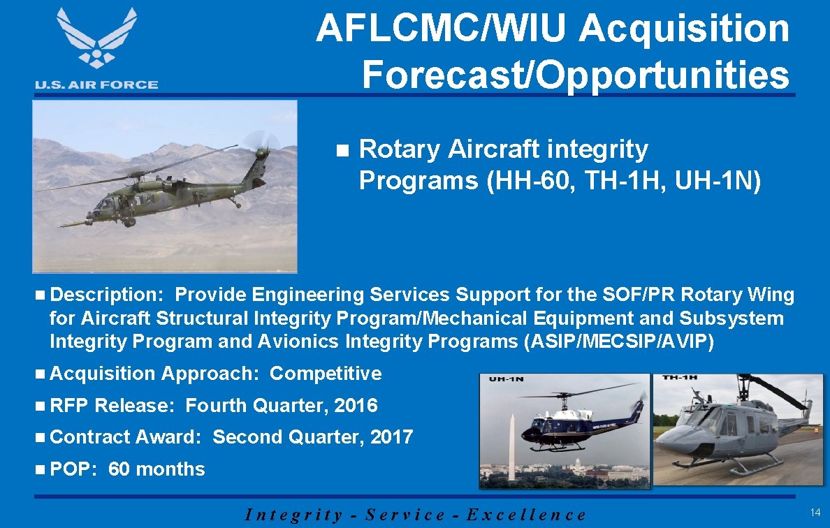 AFLCMC/WIU Acquisition Forecast/Opportunities n Rotary Aircraft integrity Programs (HH-60, TH-1 H, UH-1 N) n AFLCMC/WIU Acquisition Forecast/Opportunities n Rotary Aircraft integrity Programs (HH-60, TH-1 H, UH-1 N) n