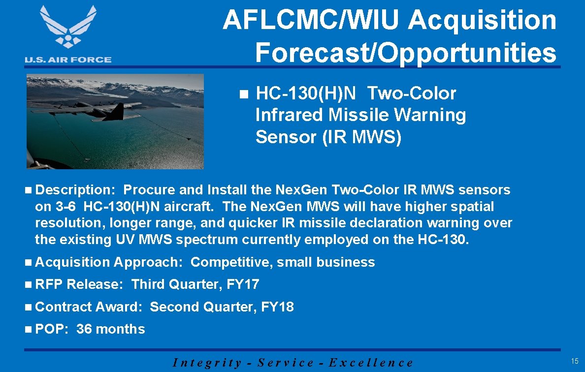 AFLCMC/WIU Acquisition Forecast/Opportunities n HC-130(H)N Two-Color Infrared Missile Warning Sensor (IR MWS) n Description: AFLCMC/WIU Acquisition Forecast/Opportunities n HC-130(H)N Two-Color Infrared Missile Warning Sensor (IR MWS) n Description: