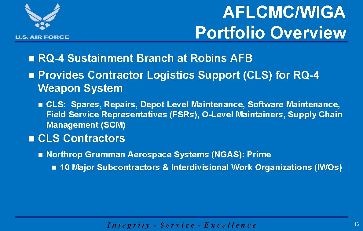 AFLCMC/WIGA Portfolio Overview n RQ-4 Sustainment Branch at Robins AFB n Provides Contractor Logistics AFLCMC/WIGA Portfolio Overview n RQ-4 Sustainment Branch at Robins AFB n Provides Contractor Logistics
