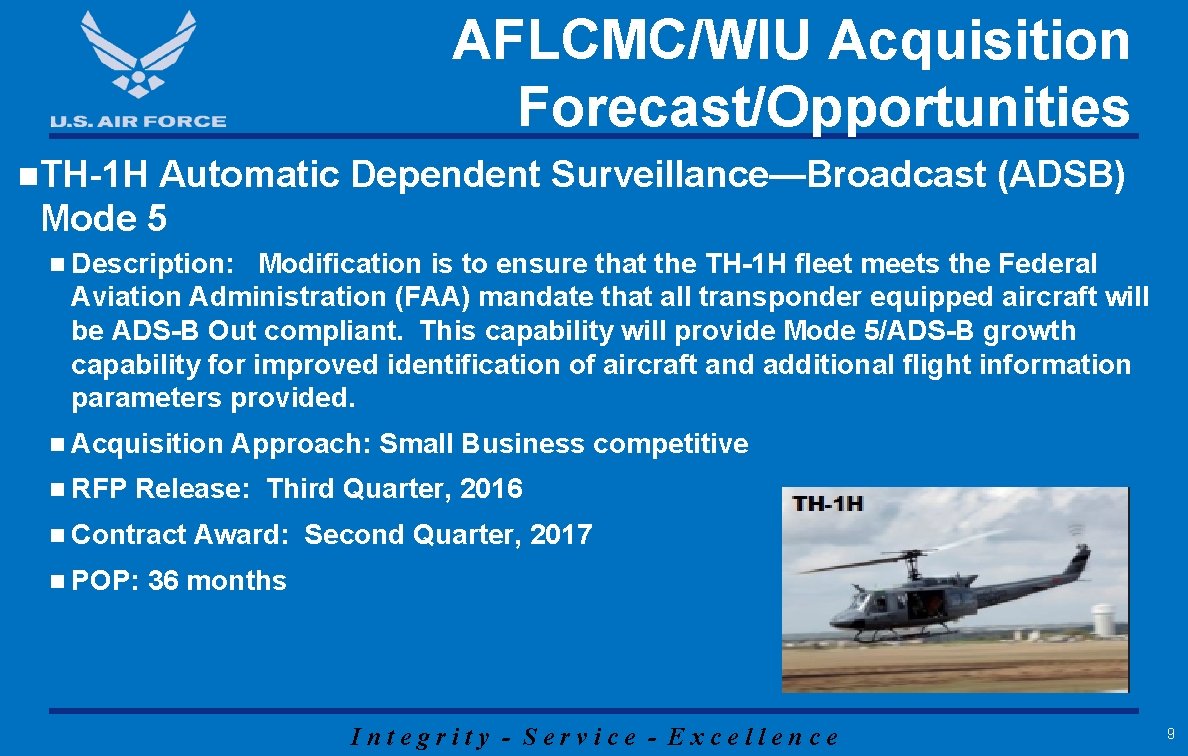AFLCMC/WIU Acquisition Forecast/Opportunities n. TH-1 H Automatic Dependent Surveillance—Broadcast (ADSB) Mode 5 n Description: AFLCMC/WIU Acquisition Forecast/Opportunities n. TH-1 H Automatic Dependent Surveillance—Broadcast (ADSB) Mode 5 n Description: