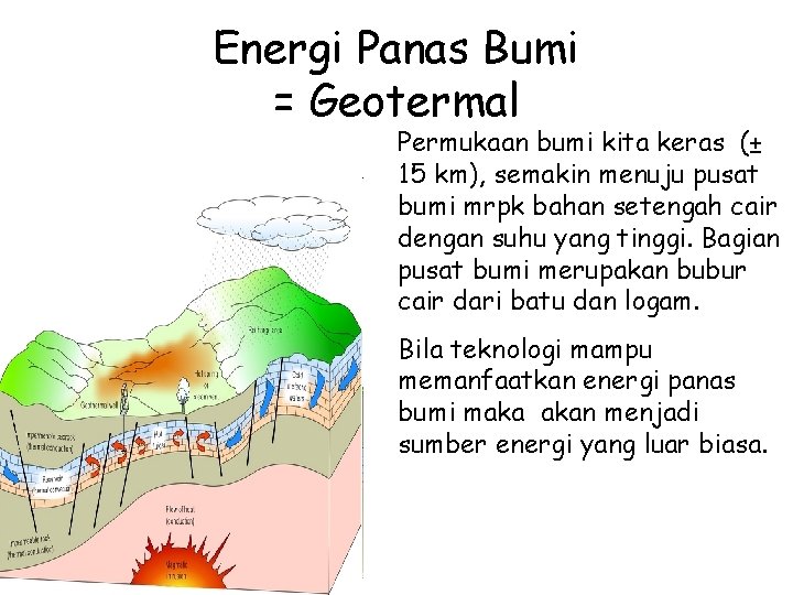 Energi Panas Bumi = Geotermal Permukaan bumi kita keras (± 15 km), semakin menuju