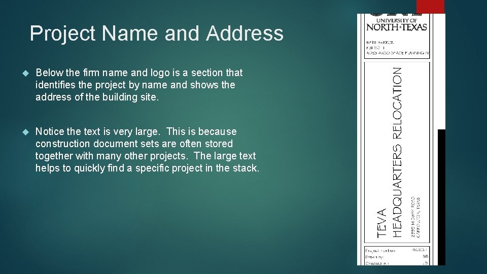 Project Name and Address Below the firm name and logo is a section that