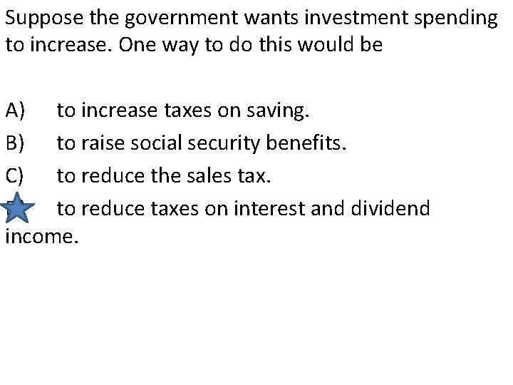 Suppose the government wants investment spending to increase. One way to do this would