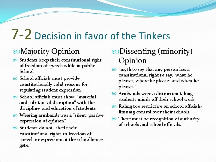 7 -2 Decision in favor of the Tinkers Majority Opinion Students keep their constitutional
