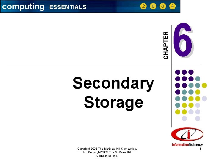 ESSENTIALS CHAPTER computing 6 Secondary Storage Copyright 2003 The Mc. Graw-Hill Companies, Inc. 1