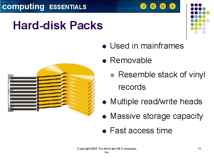 computing ESSENTIALS Hard-disk Packs l Used in mainframes l Removable l Resemble stack of