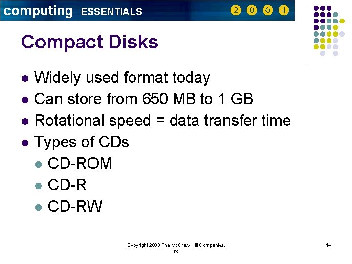 computing ESSENTIALS Compact Disks l l Widely used format today Can store from 650
