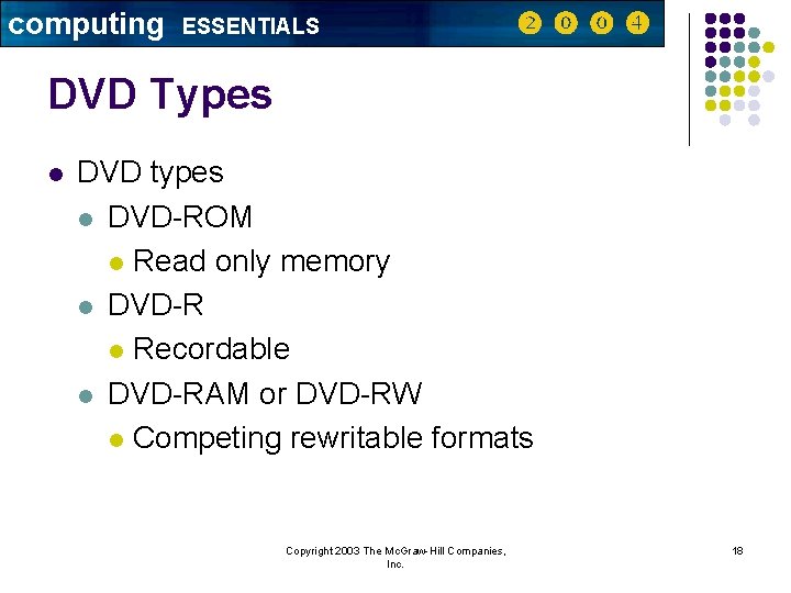 computing ESSENTIALS DVD Types l DVD types l DVD-ROM l Read only memory l