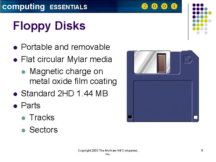 computing ESSENTIALS Floppy Disks l l Portable and removable Flat circular Mylar media l