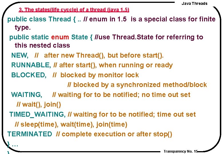 Java Threads 3. The states(life cyccle) of a thread (java 1. 5) public class