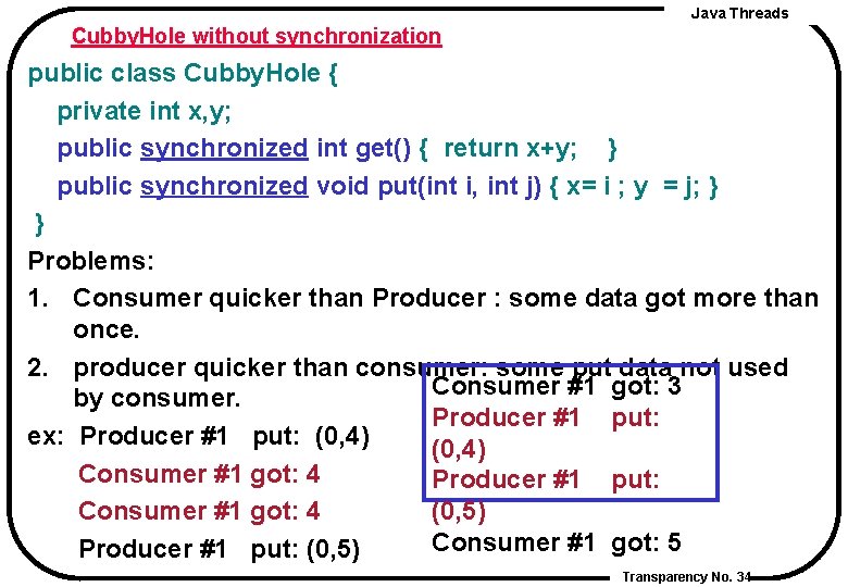 Java Threads Cubby. Hole without synchronization public class Cubby. Hole { private int x,