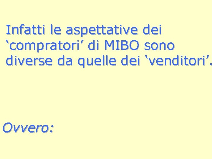 Infatti le aspettative dei ‘compratori’ di MIBO sono diverse da quelle dei ‘venditori’. Ovvero: