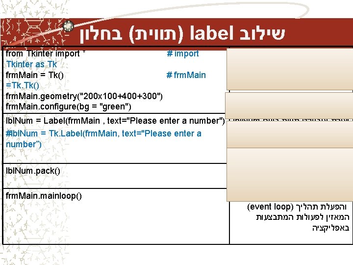 )תווית( בחלון label שילוב from Tkinter import * # import Tkinter as Tk )תווית( בחלון label שילוב from Tkinter import * # import Tkinter as Tk