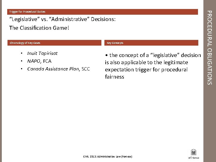 “Legislative” vs. “Administrative” Decisions: The Classification Game! Chronology of Key Cases Key Concepts •