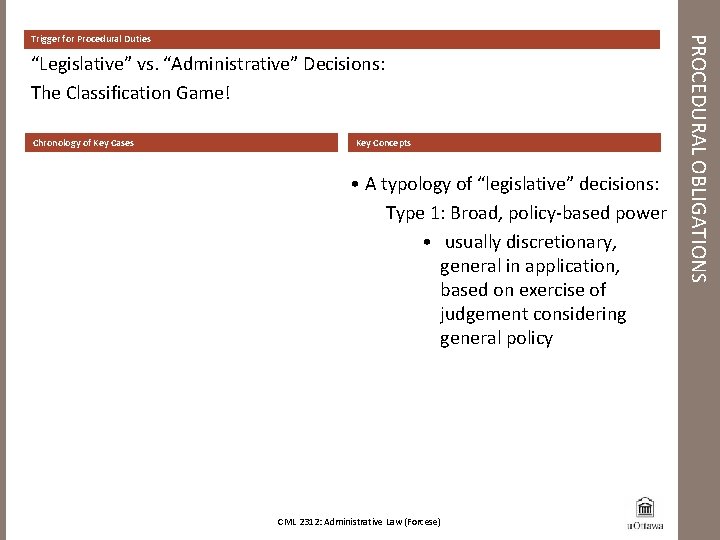 “Legislative” vs. “Administrative” Decisions: The Classification Game! Chronology of Key Cases Key Concepts •