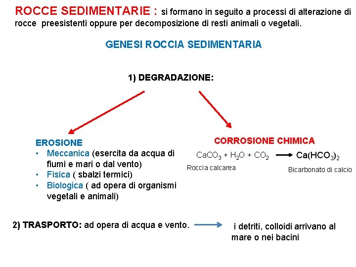 ROCCE SEDIMENTARIE : si formano in seguito a processi di alterazione di rocce preesistenti