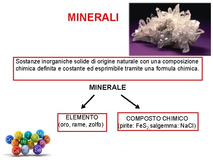 MINERALI Sostanze inorganiche solide di origine naturale con una composizione chimica definita e costante