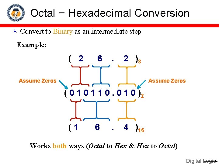 Octal − Hexadecimal Conversion Convert to Binary as an intermediate step Example: ( 2